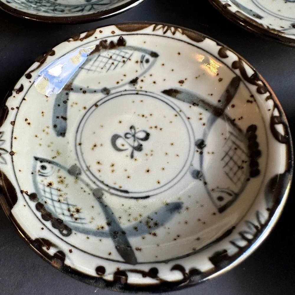 World Market Appetizer Bowls Japan Blue Cream Stoneware Floral Fish Set of 4 4